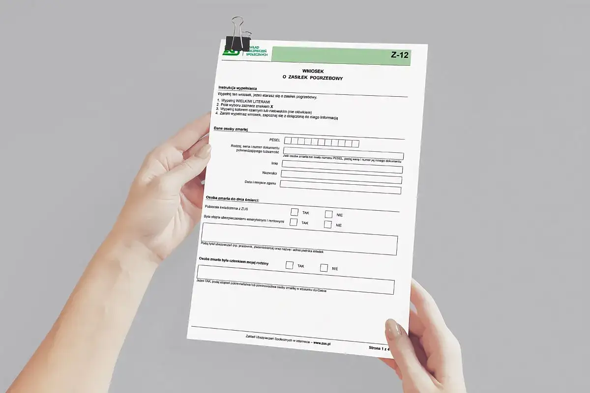 Formularz Z-12 do zasiłek pogrzebowy. Wypełniasz go, gdy chcesz dowiedzieć się, ile kosztuje akt zgonu i uzyskać pomoc finansową.