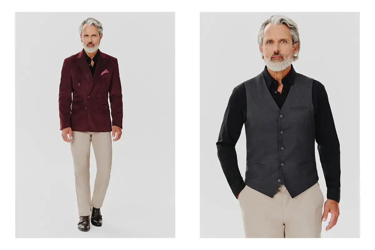 Mężczyzna w czarnej koszuli i bordowych spodniach