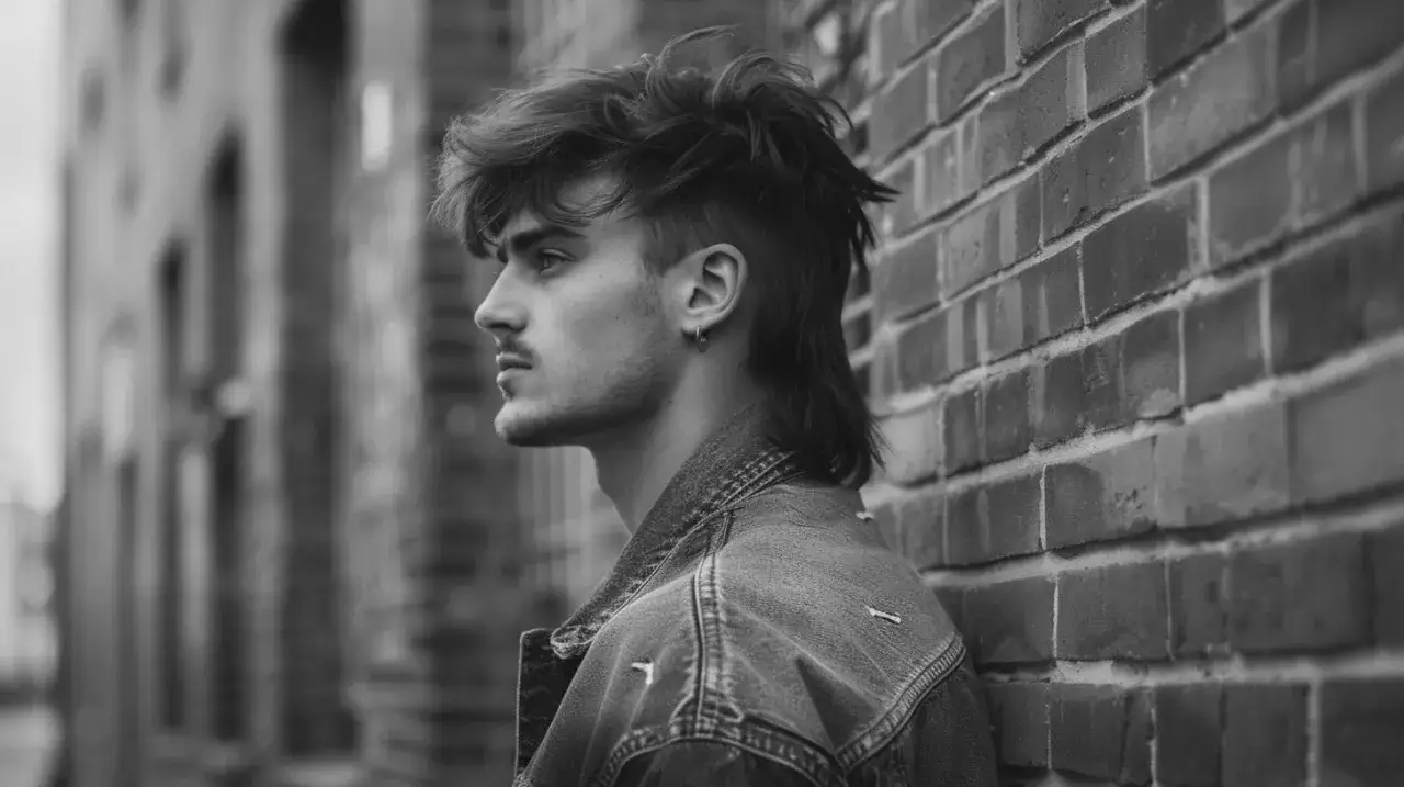 Młody mężczyzna z charakterystyczną mullet fryzurą opiera się o ceglaną ścianę.