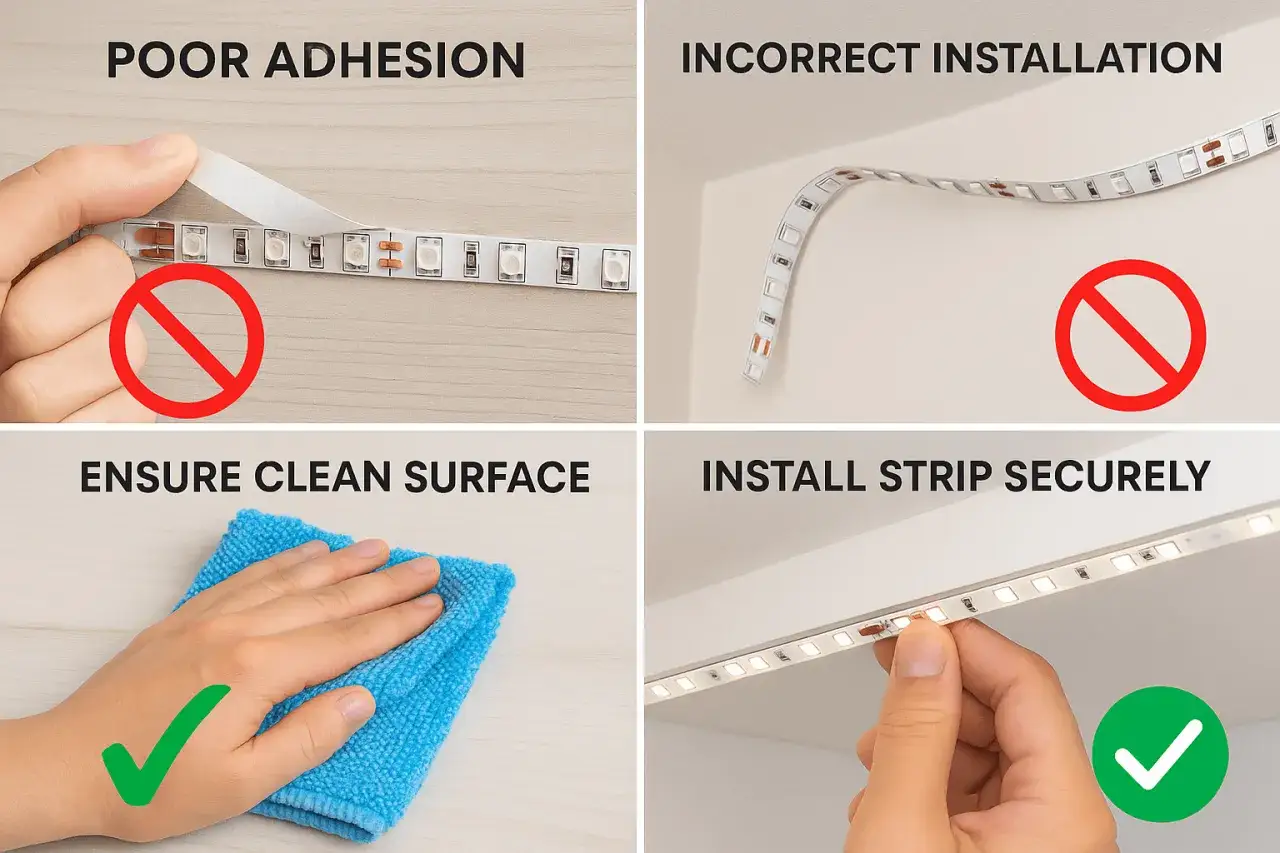 Instrukcja montażu taśmy LED: unikaj złej przyczepności i nieprawidłowej instalacji. Użyj kleju do led&oacute;w, zapewnij czystą powierzchnię i zamontuj taśmę bezpiecznie.