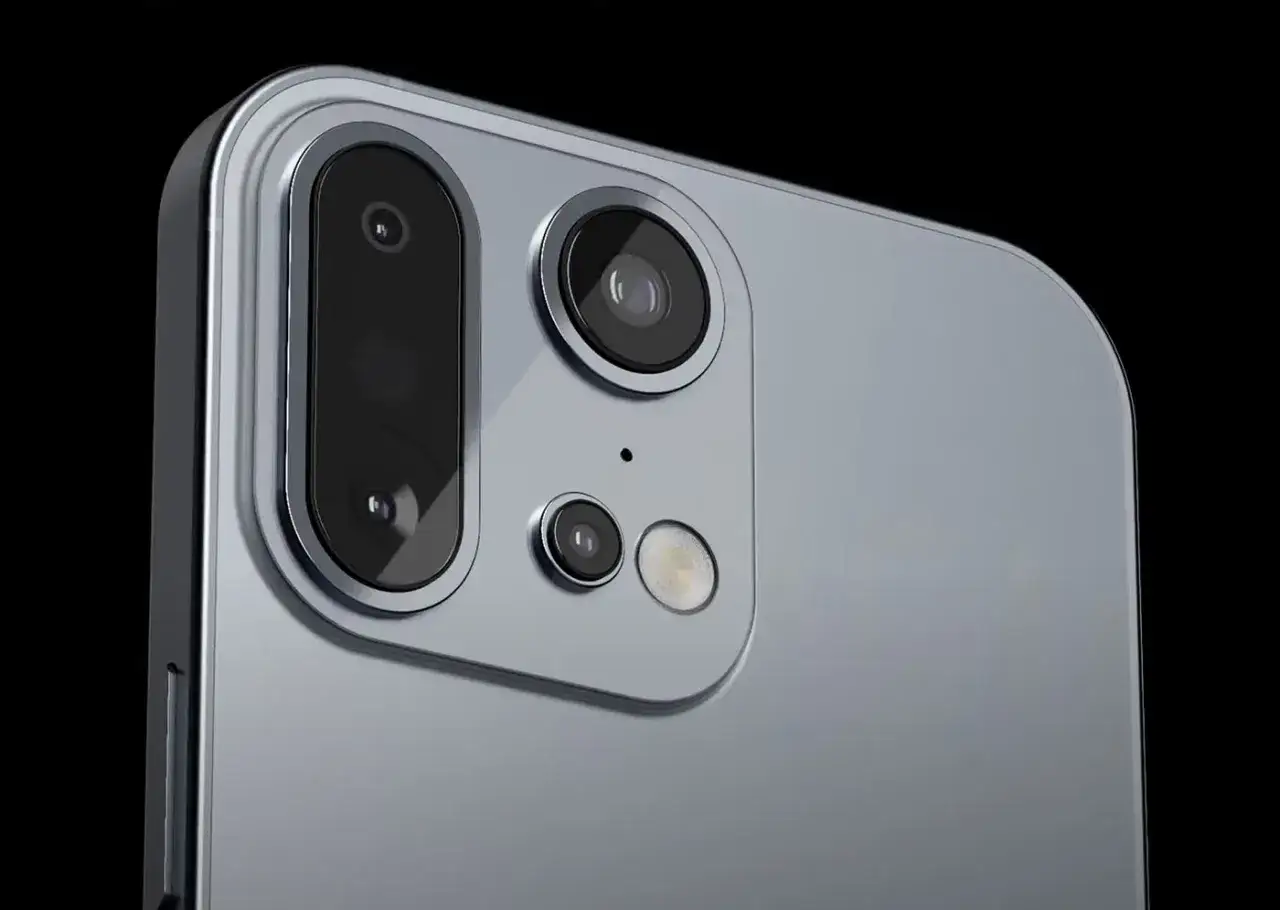 Szary tył iPhone 18 Pro Max z modułem aparat&oacute;w: duży obiektyw pionowo, obok niego mniejszy, a poniżej dwa jeszcze mniejsze obiektywy i lampa błyskowa.