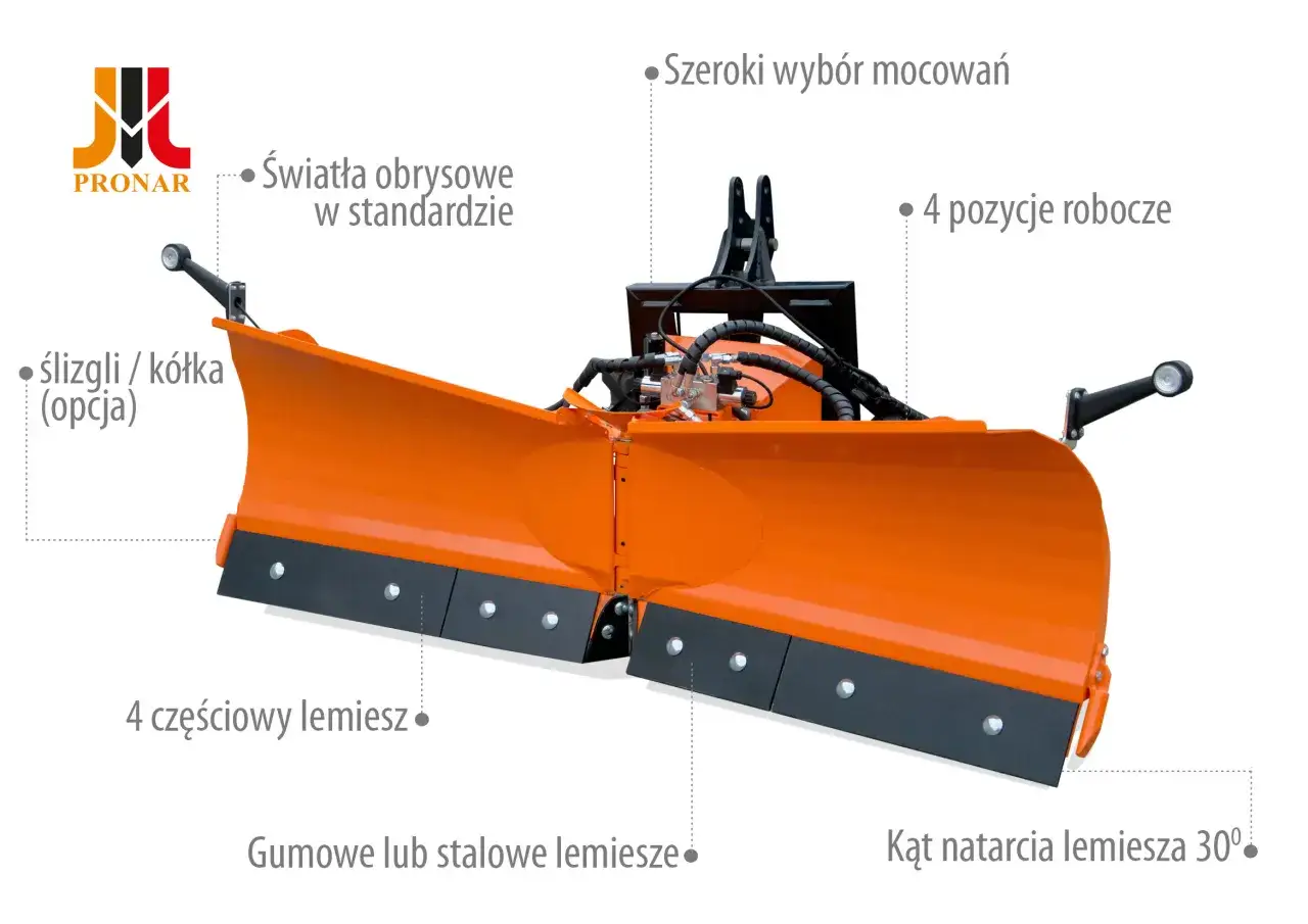 Pomarańczowy pług do odśnieżania z logo Pronar. Posiada 4-częściowy lemiesz, światła obrysowe i szeroki wybór mocowań.