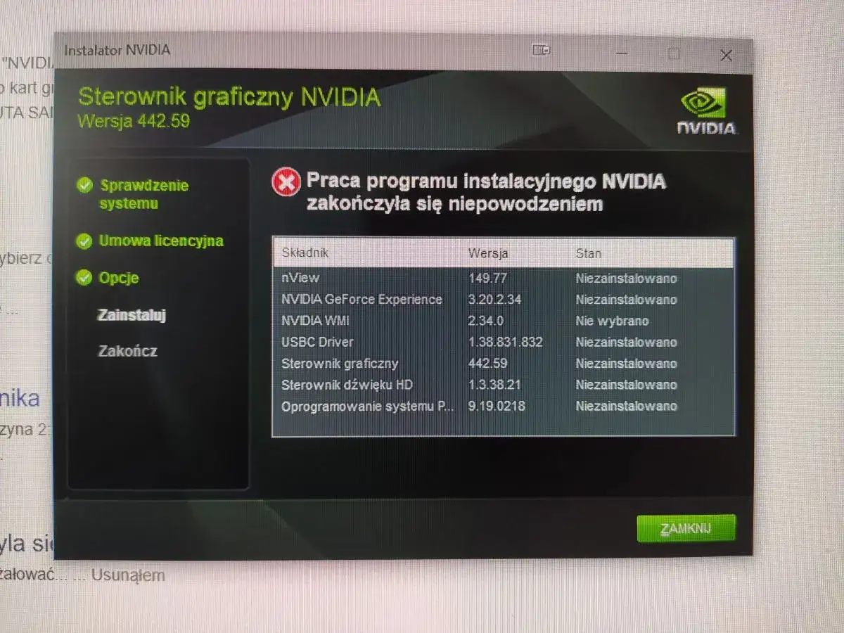 Instalator NVIDIA informuje o błędzie podczas pr&oacute;by aktualizacji sterownik&oacute;w karty graficznej. Wszystkie komponenty są niezainstalowane.