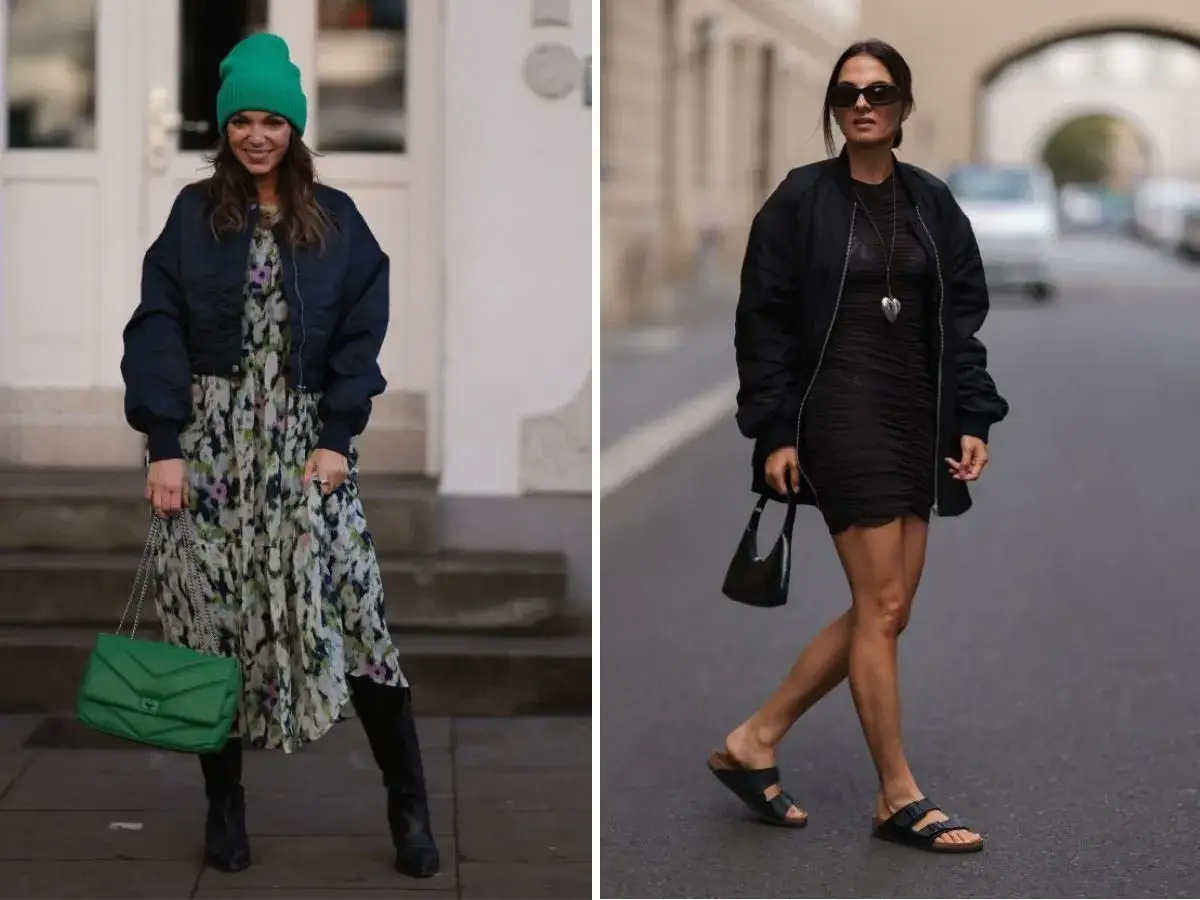 Dwie kobiety prezentują stylizacje z kurtką do sukienki. Jedna w kwiecistej sukience i zielonej czapce, druga w czarnej, marszczonej sukience.