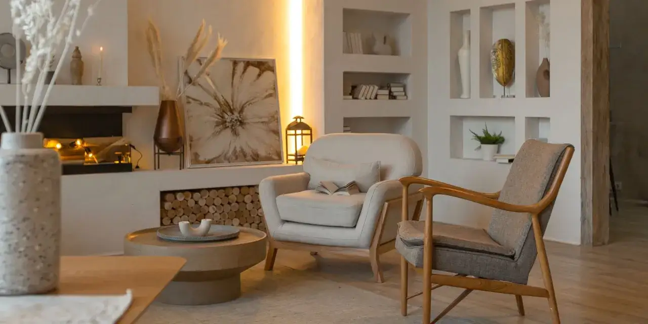 Przytulny styl skandynawski salon z dwoma fotelami, stolikiem kawowym i kominkiem.