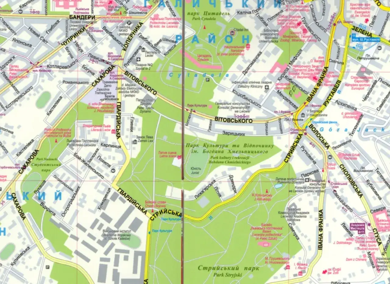 Mapa Lwowa z zaznaczonymi schronami