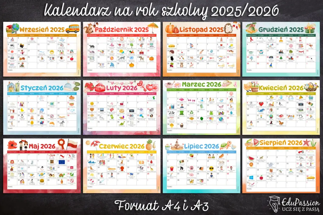 Kalendarz szkolny 2025/2026 z ikonami wydarzeń, idealny do planowania, kiedy jest wystawienie ocen.