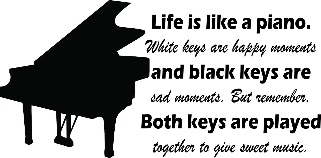 Czarne i białe klawisze fortepianu tworzą piękne cytaty o muzyce, symbolizując radość i smutek życia.