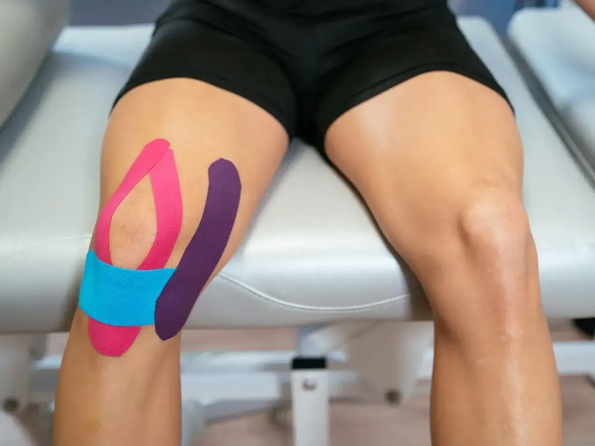 Kolano z kolorowymi tejpa, pokazujące, jak przykleić tejpy na kolano dla wsparcia.