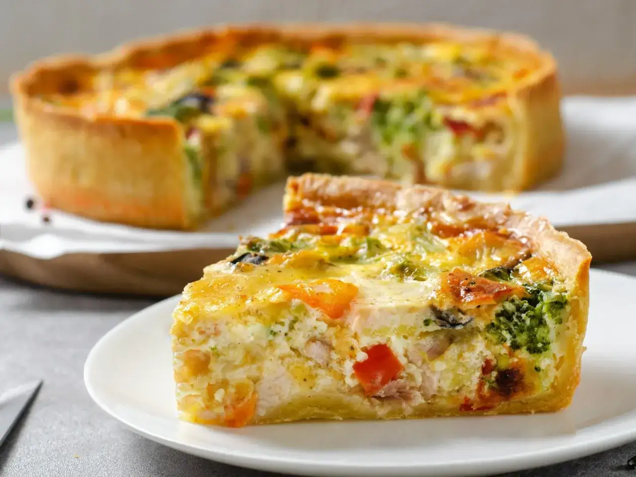 Pyszne tarty na słono z brokułami, kurczakiem i papryką, jedna porcja na talerzyku, reszta quiche w tle.