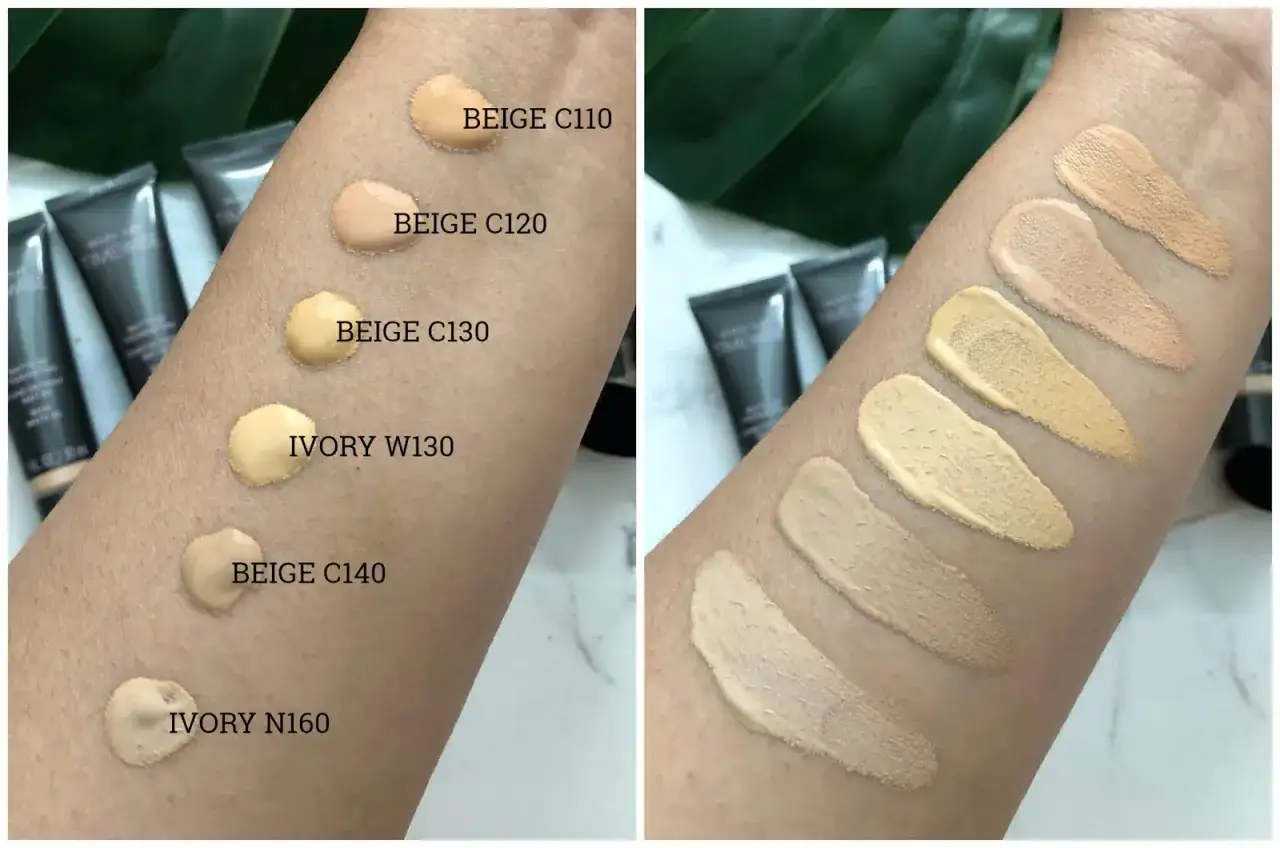 Mary Kay luminous foundation swatches on different skin tones