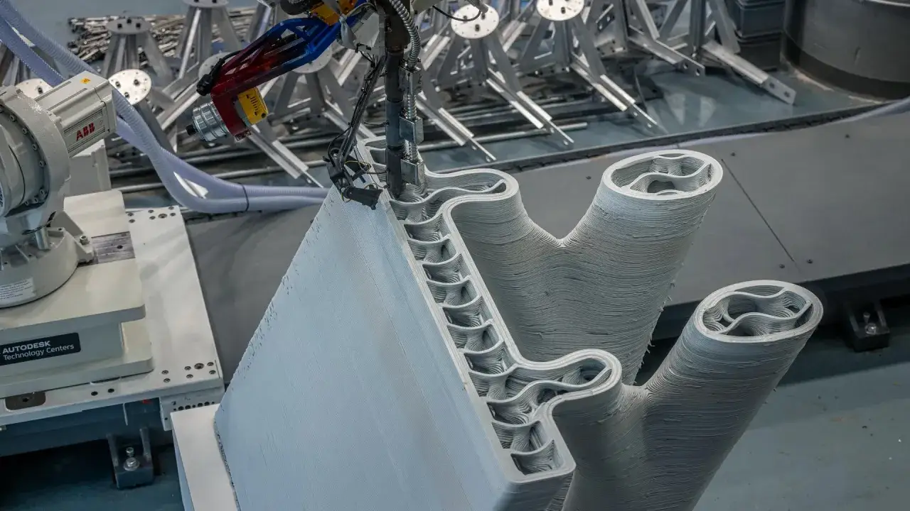 Robotyka budowlana tworzy skomplikowane struktury. Ekstrudowany materiał budowlany jest nakładany warstwa po warstwie, tworząc unikalne kształty.