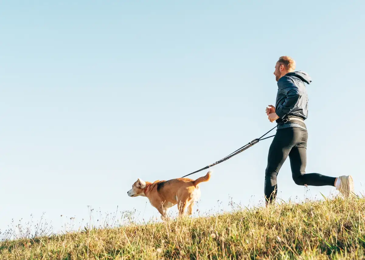 Mężczyzna biegnie z psem po wzgórzu. Długość spaceru z psem zależy od jego kondycji i wieku.