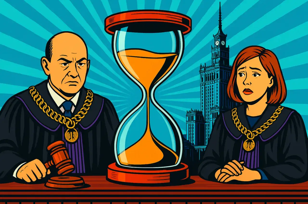 Sędziowie z klepsydrą i budynkiem sądu w tle. Zastanawiają się, ile apelacji jest oddalanych.