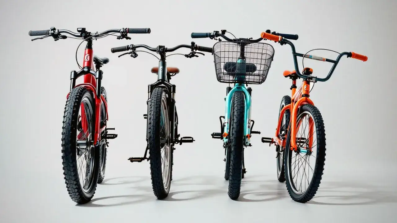 Cztery rowery: czerwony, czarny, turkusowy z koszykiem i pomarańczowy. Zwróć uwagę na detale przy zakupie roweru.