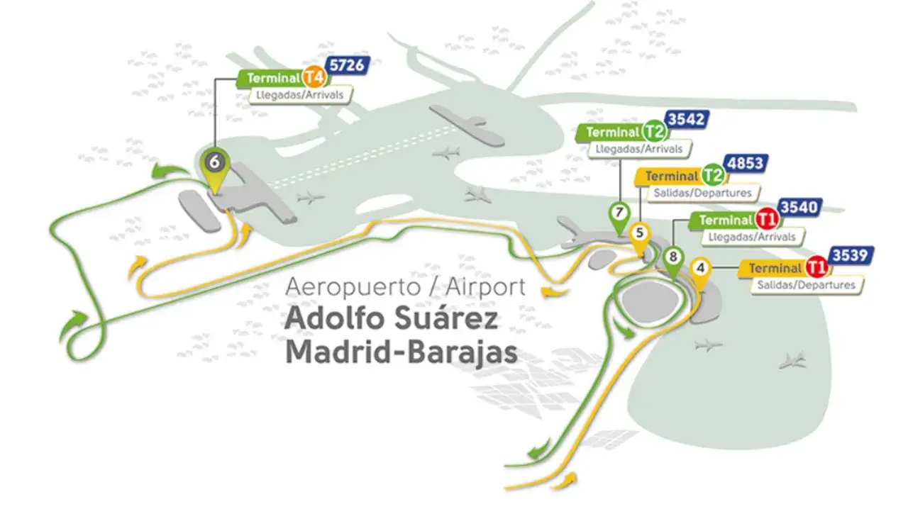 Schemat lotniska Adolfo Suárez Madrid-Barajas z zaznaczonymi terminalami T1, T2 i T4 oraz drogami dojazdowymi.