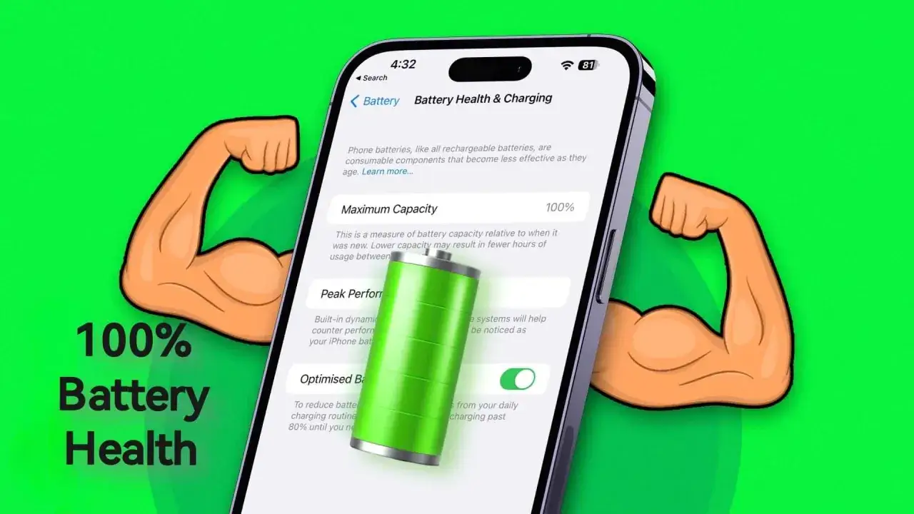 100% Battery Health. Ikona baterii i zarys bicepsów symbolizują siłę i oszczędzanie baterii.