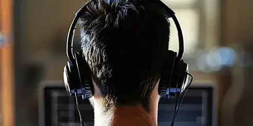Osoba skupiona na pracy słuchająca muzyki w słuchawkach