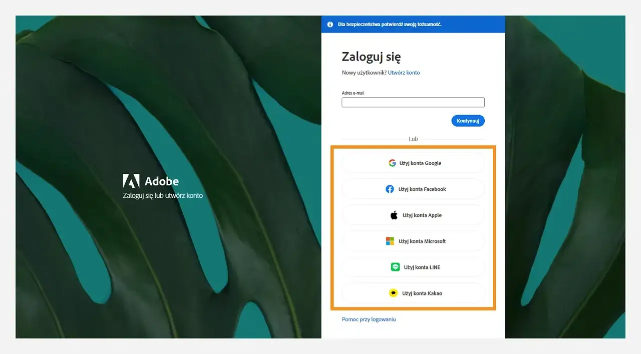 Ekran logowania Adobe. Aby włączyć logowanie do Facebooka, wybierz opcję 