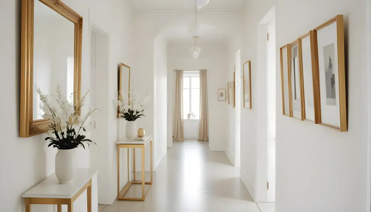 Jasny korytarz z dużym lustrem i złotymi ramkami na ścianach. Idealny przykład, jak rozjaśnić wąski korytarz.