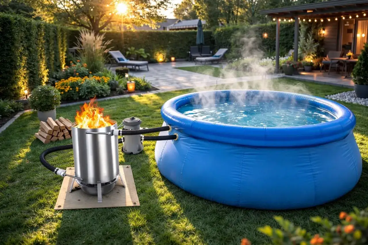 Ogrzewanie basenu koza zasilana drewnem podgrzewa wodę w dmuchanym basenie. Para unosi się nad ciepłą wodą w słoneczny dzień.