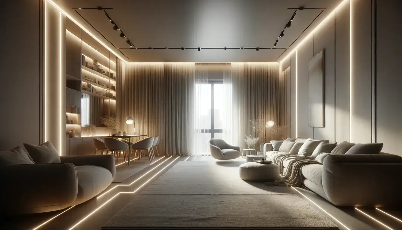 Nowoczesny salon z sofą i jadalnią, podkreślony ciepłym światłem profilu LED podtynkowego. Aranżacje wnętrz z subtelnym oświetleniem.