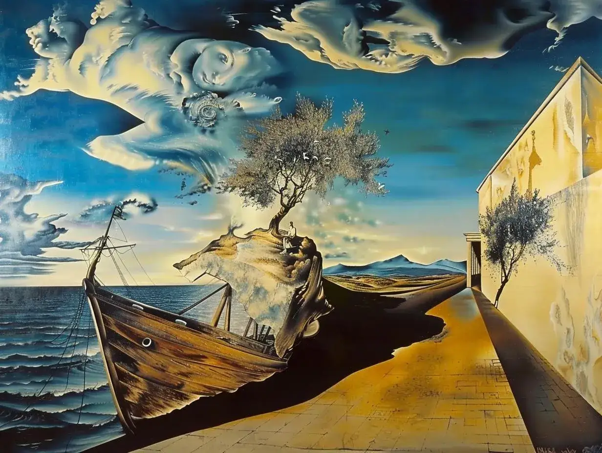 Obraz ukazuje łódź na skale, drzewo, postać i budynek w surrealistycznym krajobrazie. To jest właśnie co to surrealizm.