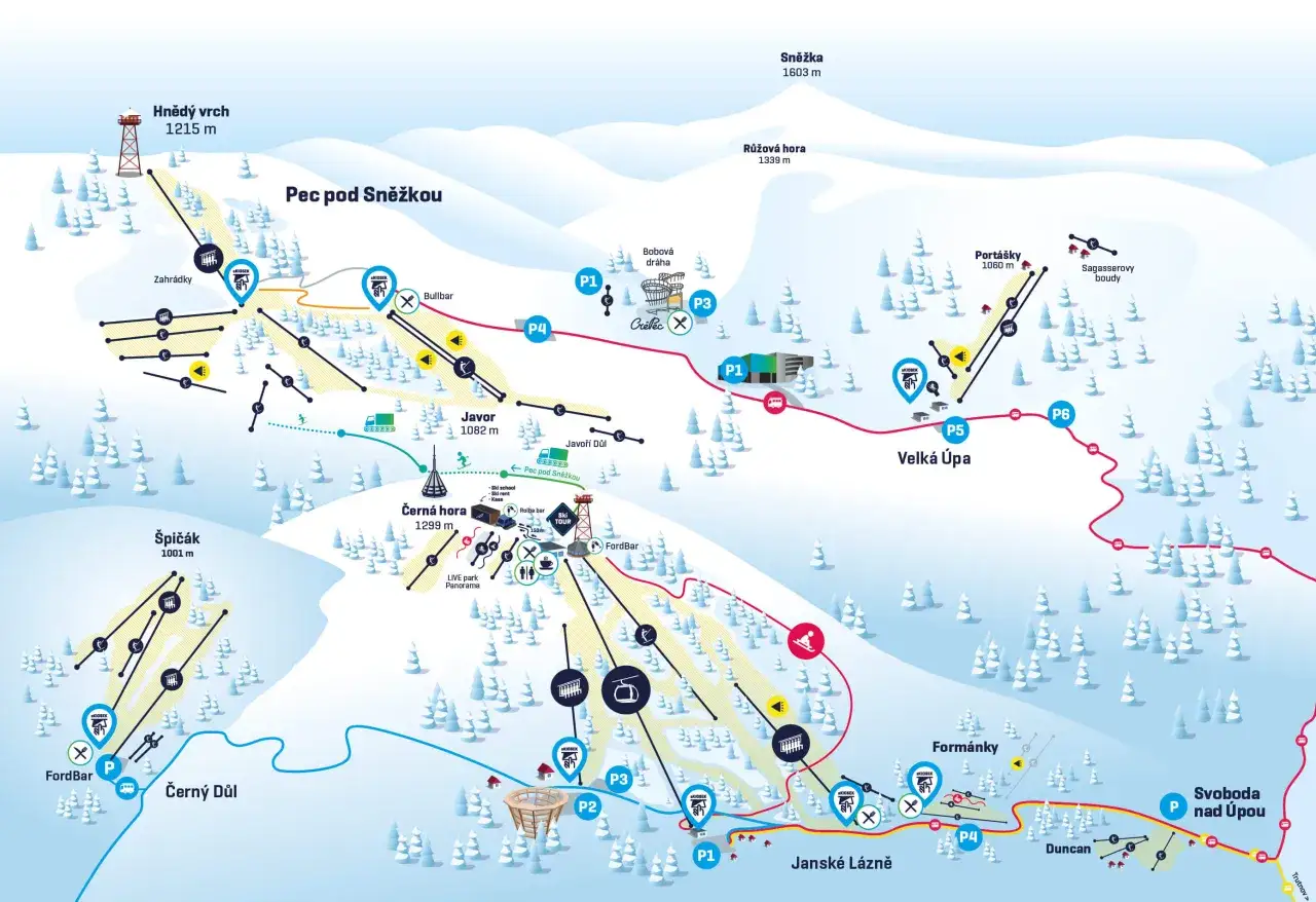 Mapa ośrodków narciarskich Czech blisko granicy