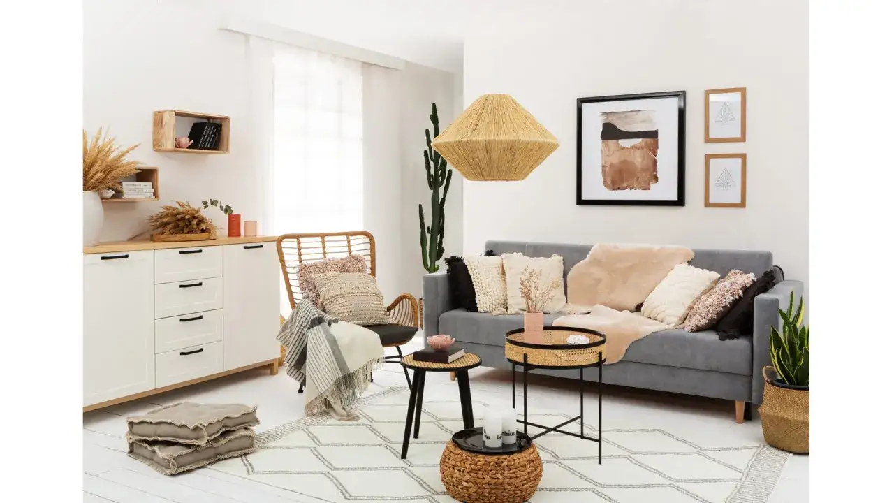 Przytulny salon w stylu rustykalnym nowoczesnym. Szara kanapa, rattanowy fotel, plecione dodatki i naturalne materiały tworzą ciepłą atmosferę.