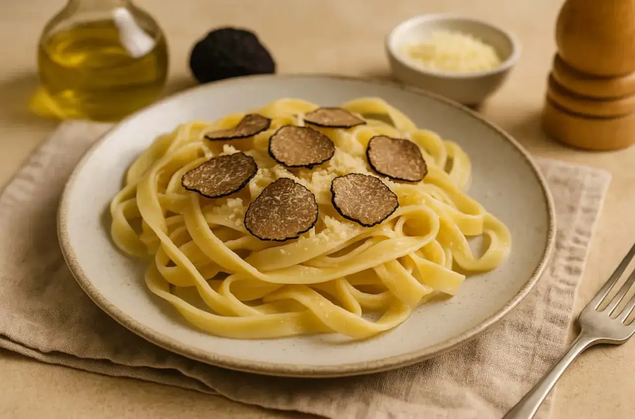 Tagliatelle z kremowym sosem mascarpone, posypane startym parmezanem i plastrami świeżej truflą. Pyszny makaron z pastą truflową i mascarpone.