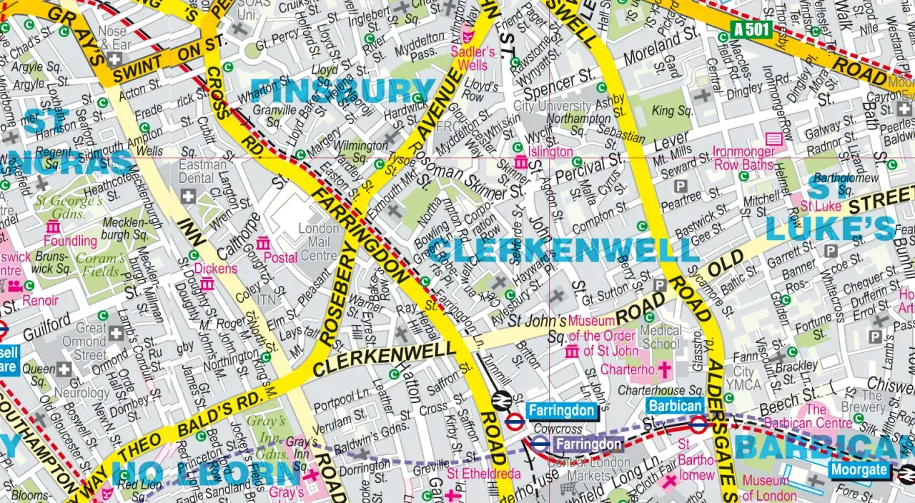 Mapa Londynu z zaznaczonymi ulicami i dzielnicami, takimi jak Clerkenwell i Farringdon. Szukając informacji, ile kosztuje nocleg w Londynie, warto zwrócić uwagę na te okolice.