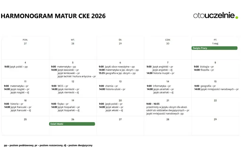kalendarz matura 2026 z zaznaczonymi datami