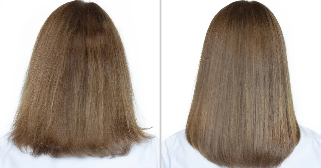 Przed i po zastosowaniu serum na włosy. Włosy po aplikacji są gładkie i lśniące.