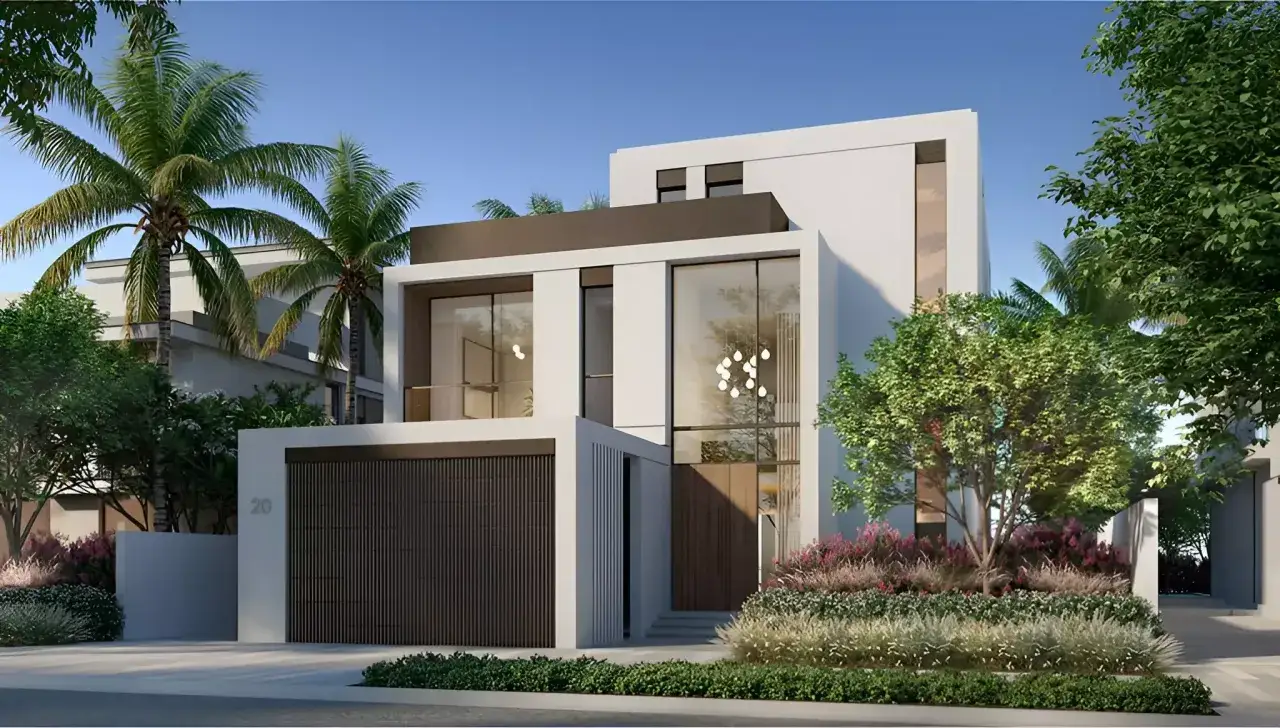 Nowoczesna willa z palmami w tle, przypominająca architekturę Jumeirah Golf Estates lub Palm Jebel Ali.