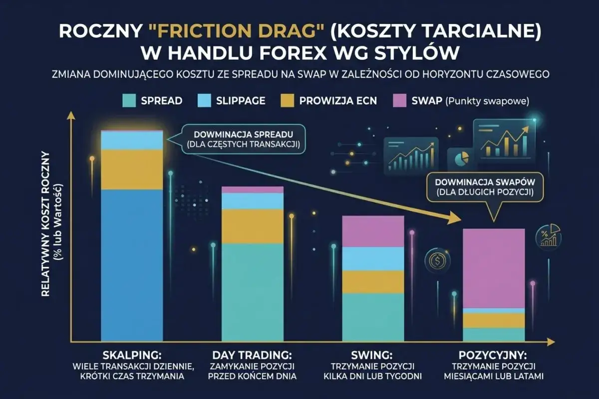 Wykres pokazuje, jak koszty handlu na najlepszej platformie forex zmieniają się w zależności od stylu inwestowania.