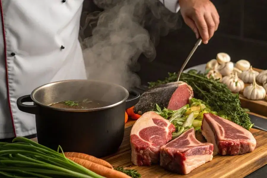 r&oacute;żne rodzaje mięsa na ros&oacute;ł: szponder, pręga wołowa, korpus drobiowy, szyje, łapki