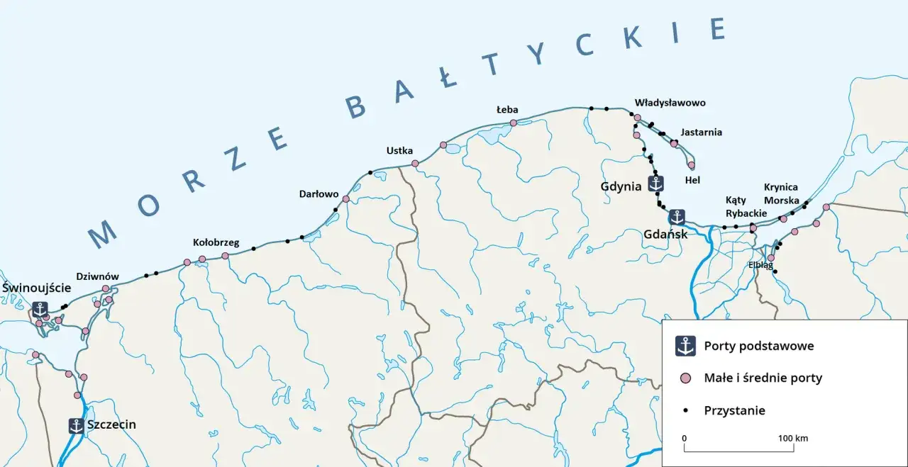 Mapa pokazuje polskie porty nad Bałtykiem: Świnoujście, Dziwnów, Kołobrzeg, Darłowo, Ustka, Łeba, Władysławowo, Jastarnia, Hel, Gdynia, Gdańsk, Elbląg, Krynica Morska.