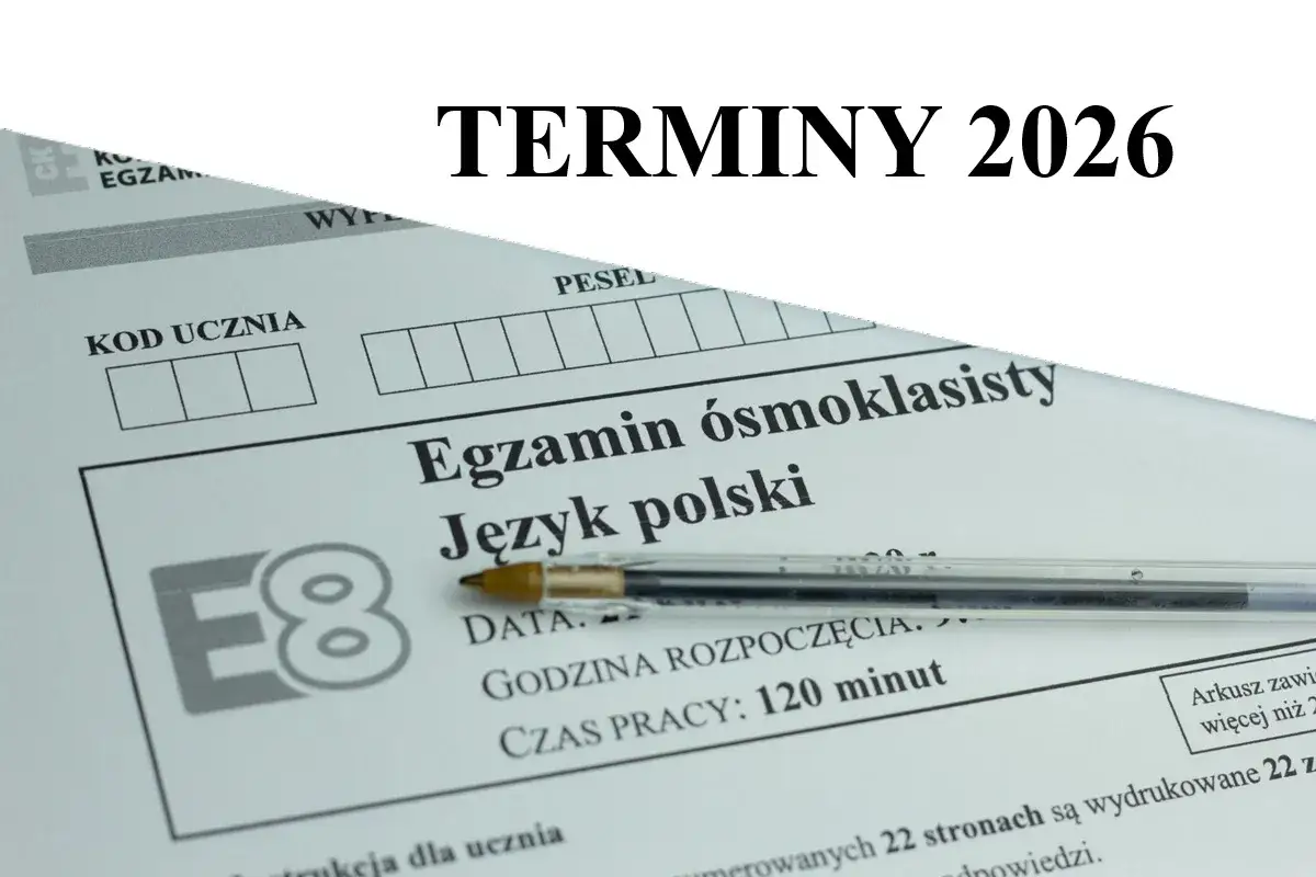 Terminy 2026: arkusz egzamin ósmoklasisty z języka polskiego, gotowy do wypełnienia.