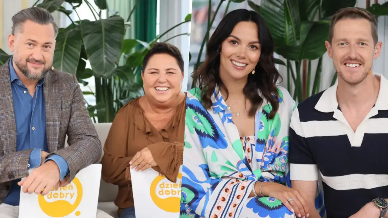 Uśmiechnięci prowadzący Dzień Dobry TVN: Mateusz Hładki, Ewa Drzyzga, Paulina Krupińska i Damian Michałowski.