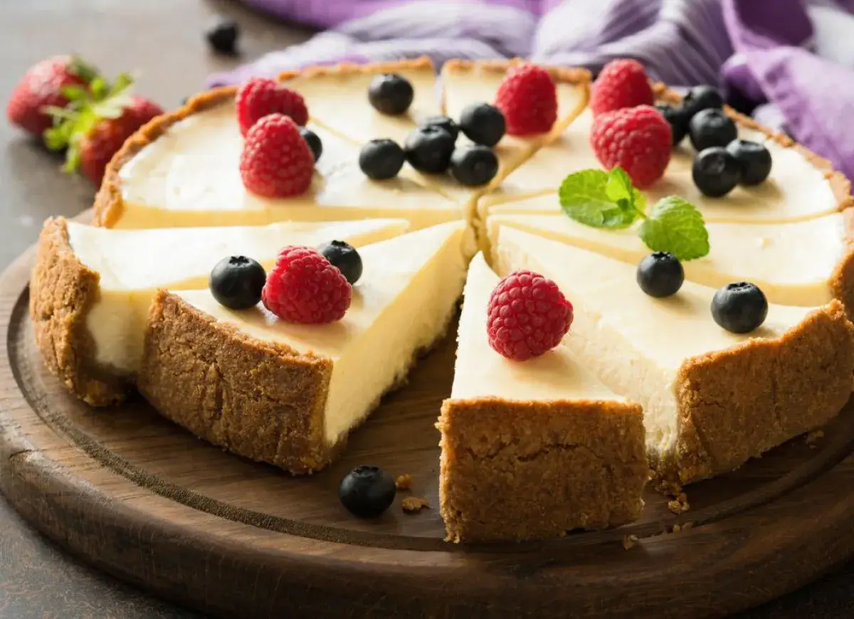 Sernik który zawsze się udaje, pokrojony na kawałki, ozdobiony malinami i borówkami. Idealny deser na każdą okazję.