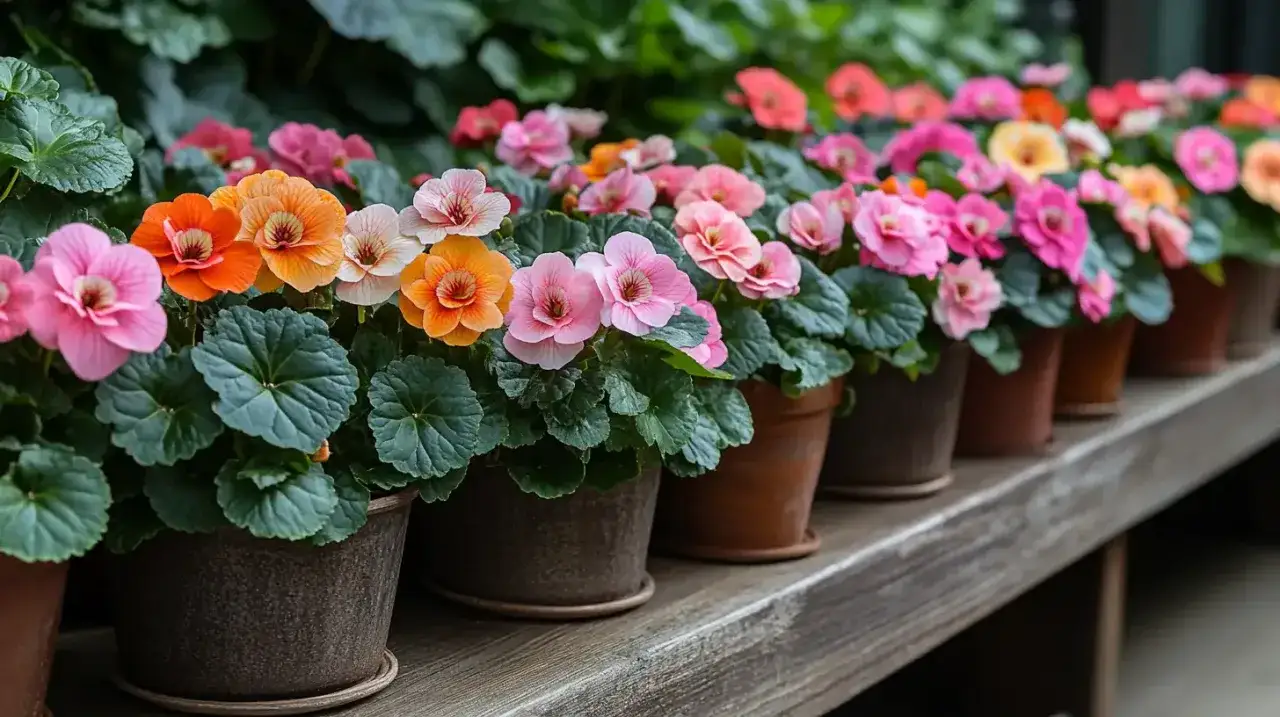 Rząd doniczek z kolorowymi kwiatami na balkonie: różowe, pomarańczowe i łososiowe begonie tworzą barwną kompozycję.