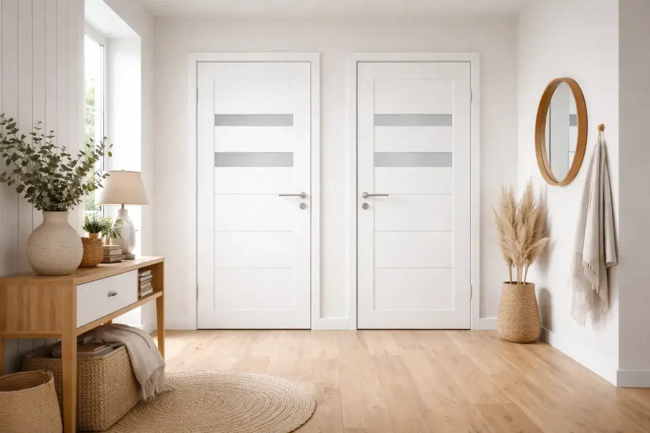 Jasne drzwi z przeszkleniami i drewniana podłoga tworzą harmonijną całość. Inspiracja, jak dobrać drzwi do podłogi.