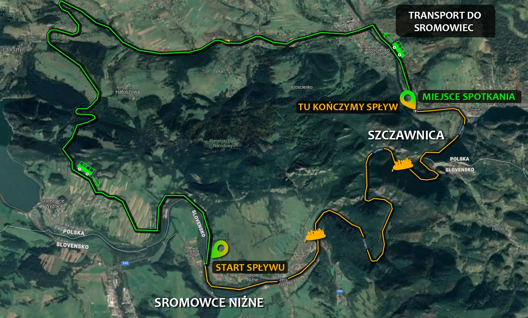 spływ kajakowy Dunajcem trasa mapa