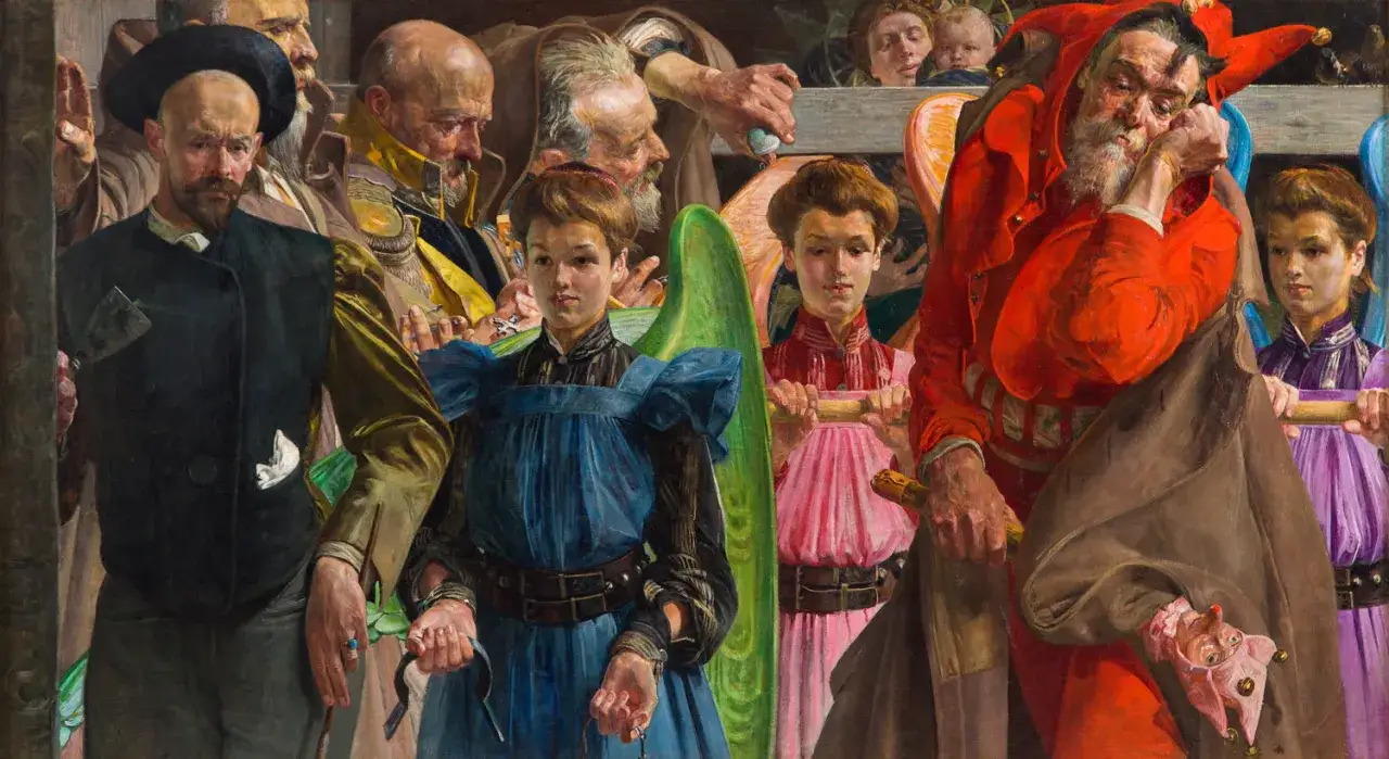 Malczewski uchwycił tu surrealistyczną rzeczywistość: postacie w strojach cyrkowych i anielskich, wśr&oacute;d nich zamyślony błazen.
