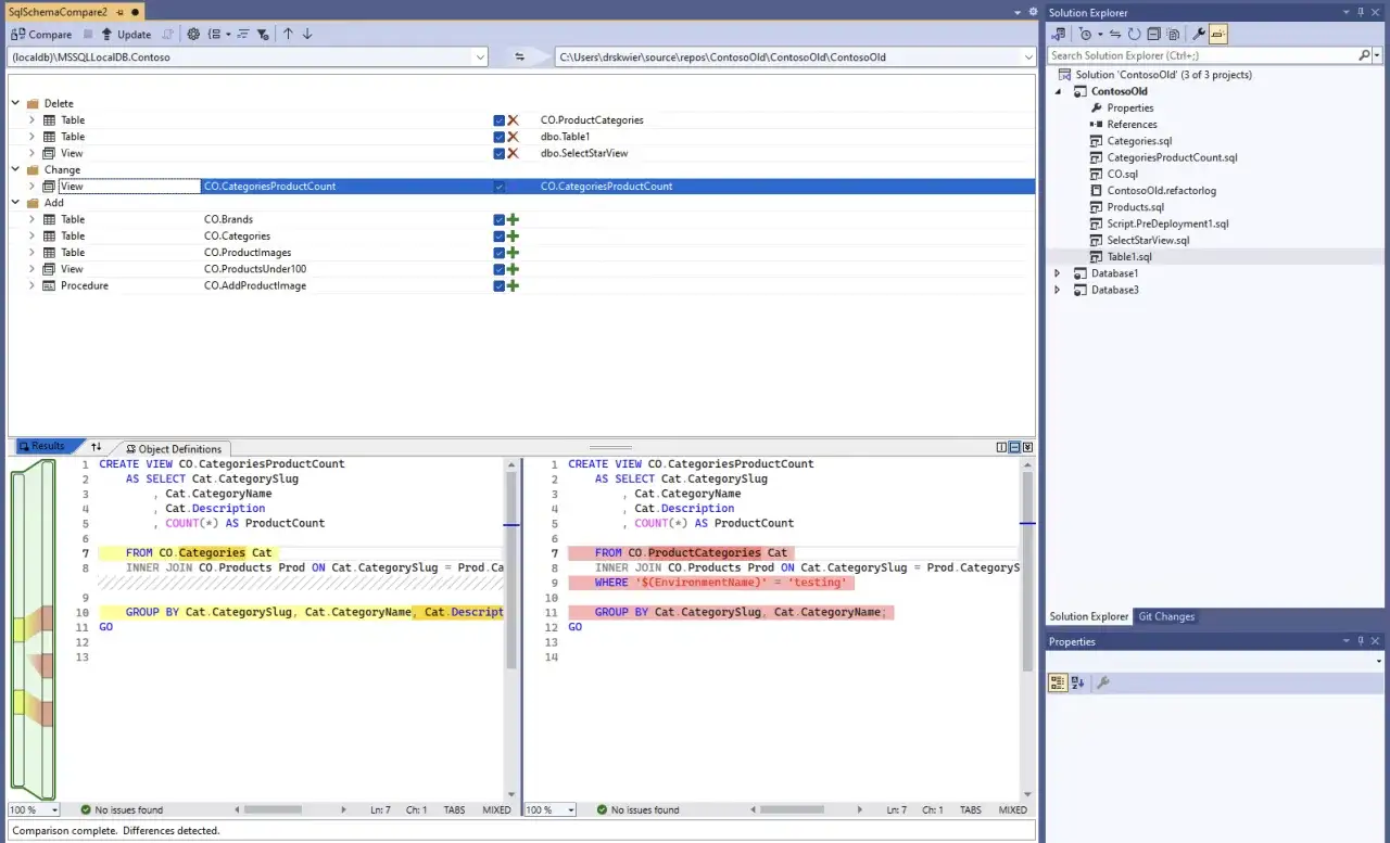 Porównanie schematów bazy danych MS SQL. Widok CO.CategoriesProductCount jest dodawany.
