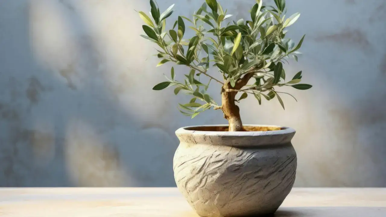 Młoda oliwka w ozdobnej donicy, gotowa do przycinania. Dowiedz się, kiedy przycinać oliwkę w doniczce, by pięknie rosła.