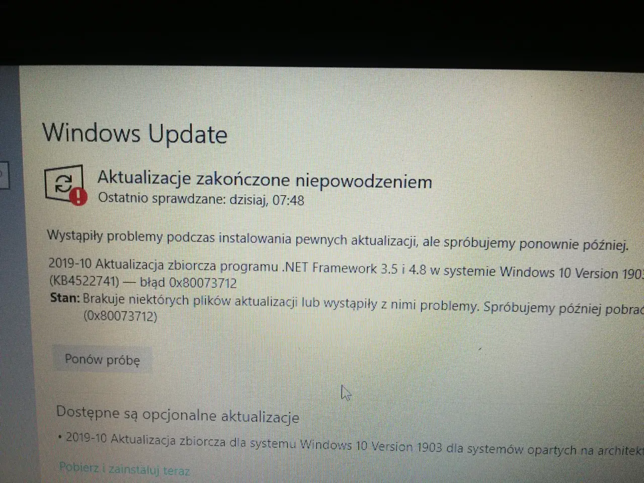 Błąd aktualizacji Windows 10. Nie udało się zainstalować .NET Framework. Sprawdź, jak zaktualizować Windows 10 do 1903, gdy wystąpią problemy.