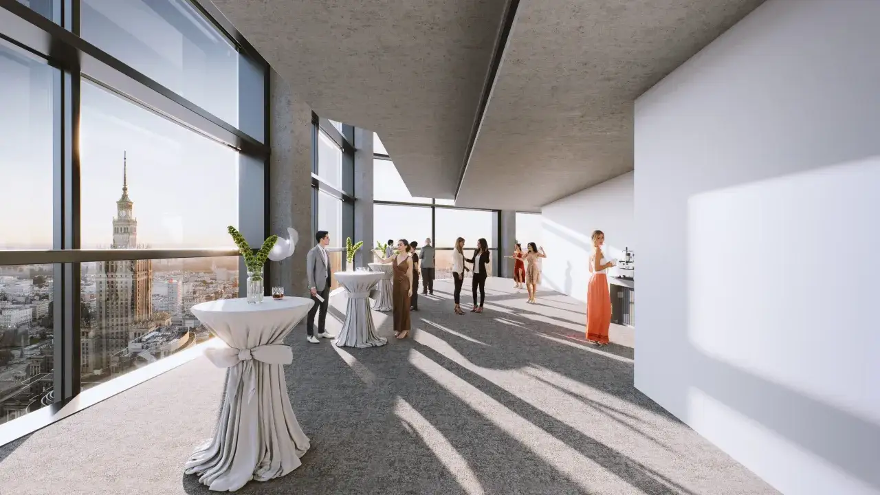 Eleganckie przyjęcie na szczycie Varso Tower, skąd roztacza się widok na miasto. Ile pięter ma Varso Tower? To pytanie zadają sobie goście, podziwiając panoramę.