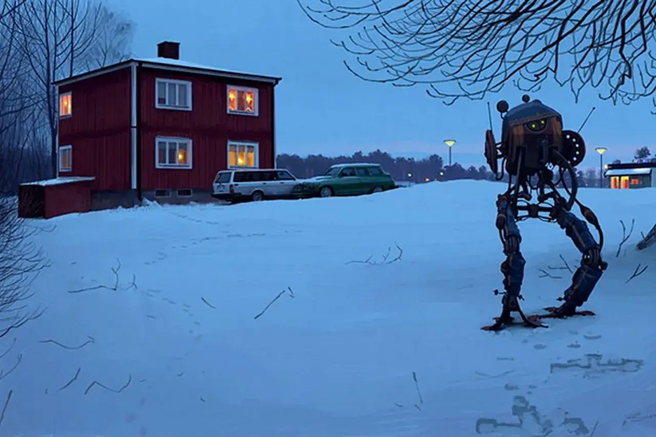 Robot w śniegu przed czerwonym domem, zimowe opowieści z pętli.