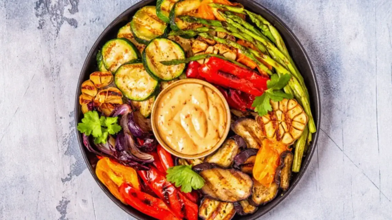 grillowane warzywa z dipami i serem